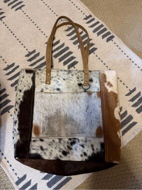 Myra Bag Patchwork Cowhide Tote in Brown, White, Black